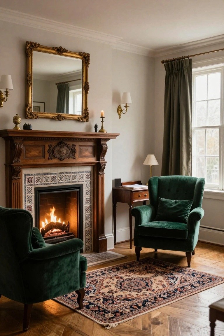 A cozy living room with an ornate wood fireplace flanked by two green velvet wingback armchairs on a patterned rug, gold mirror on the wall, and wall lamps.