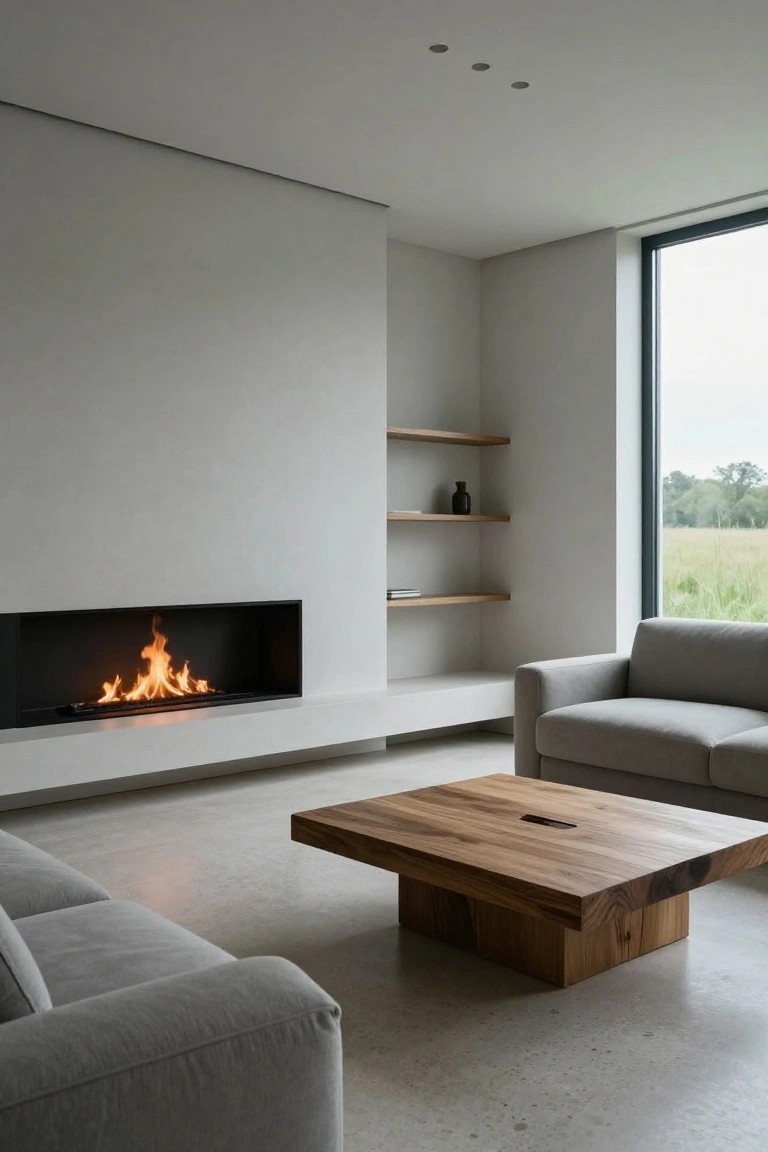 Modern living room interior with a long horizontal gas fireplace inset into a white wall, floating wooden shelves nearby, two light gray sofas, rectangular wooden coffee table with cutout, polished concrete floor, and large window showing fields outside.