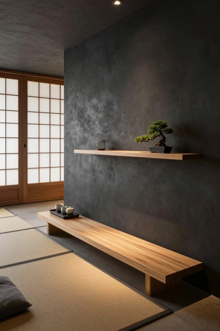 Japanese-style interior with dark textured wall, floating wooden shelf holding bonsai tree and pottery jar, low wooden bench with black tray and teacups, beige tatami mats on floor, shoji screen door nearby.