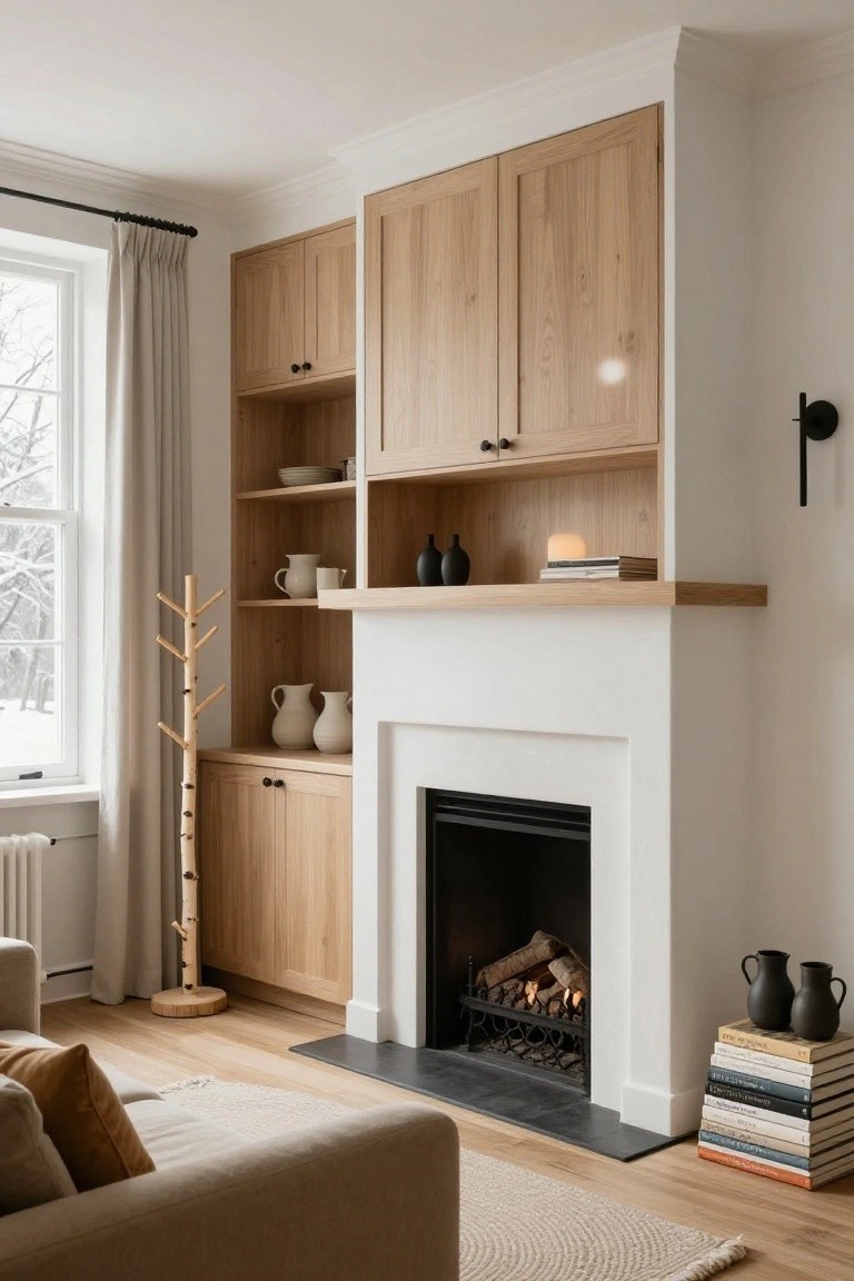 Light oak wood built-in cabinets with open shelves and doors flanking a white fireplace mantel in a living room, with gas logs burning, pottery on shelves, a birch coat rack, and a beige sofa on hardwood floors.