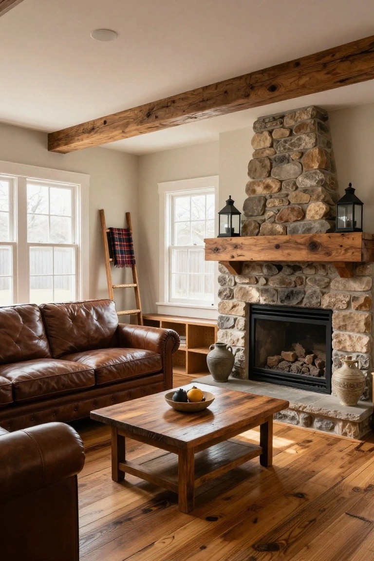 Living room interior with fieldstone fireplace, wooden mantel and beams, leather sofa, wooden coffee table, ladder with blanket, and ceramic vases.