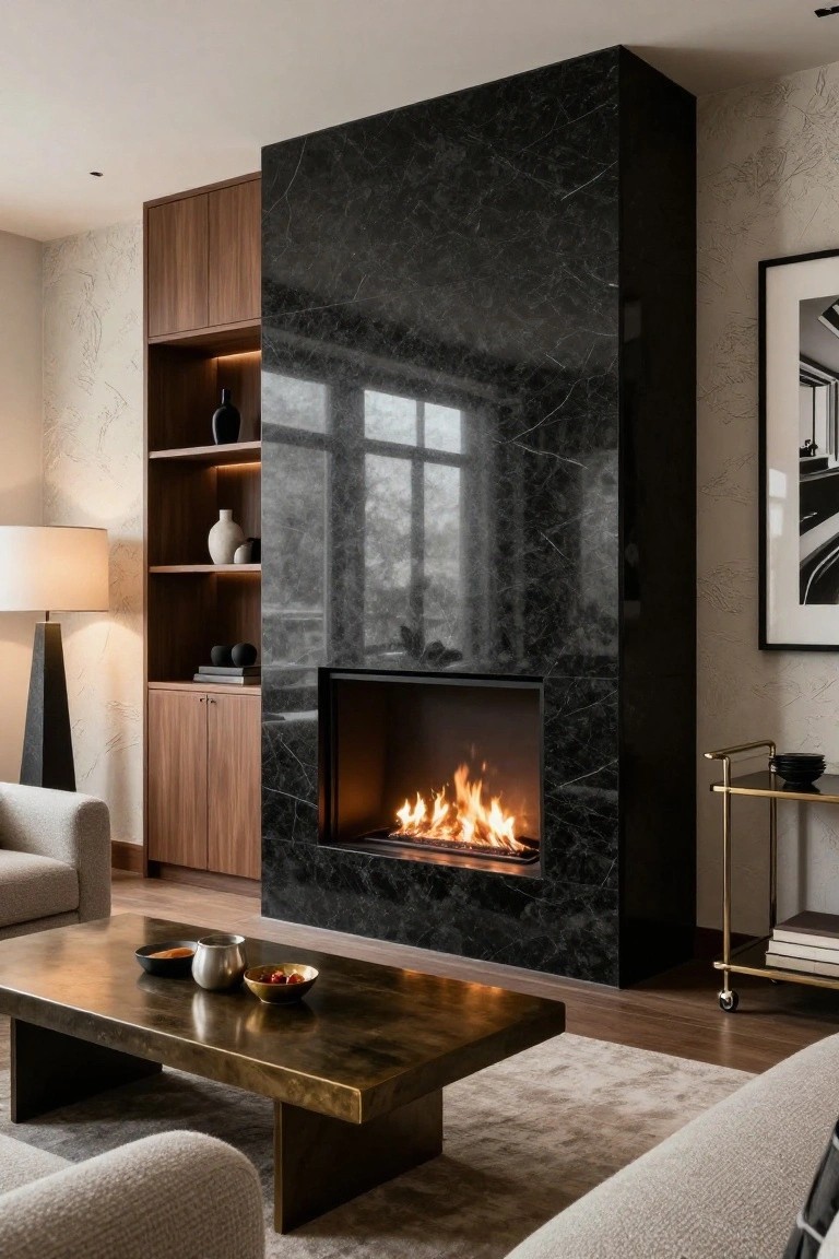 Modern living room with a tall black marble-clad wall featuring a linear gas fireplace, walnut built-in cabinets, beige sofa, brass coffee table, and floor lamp.