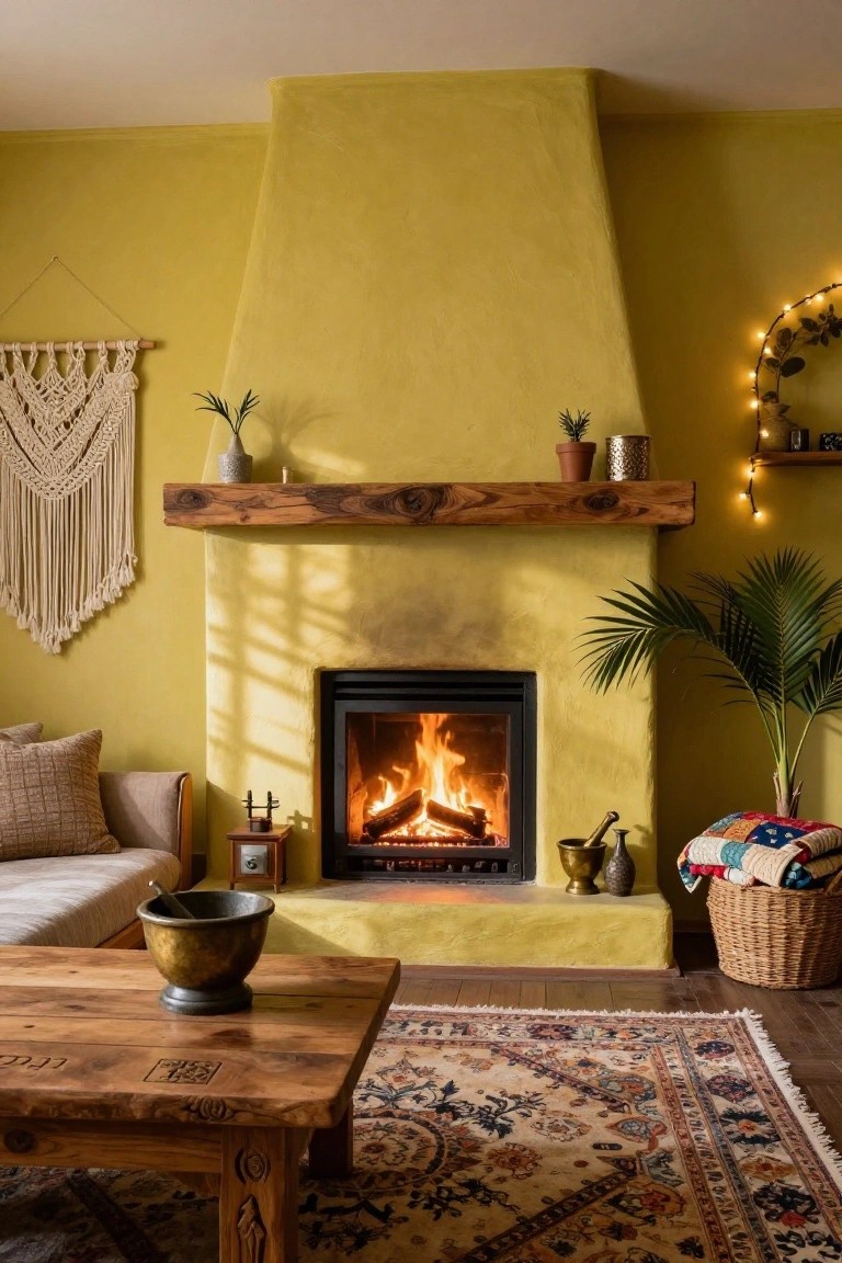 Living room interior with yellow textured plaster wall surrounding a black-framed fireplace with burning logs, wooden mantel shelf, macrame wall hanging, potted plants, wooden coffee table, beige sofa, and patterned rug on wood floor.