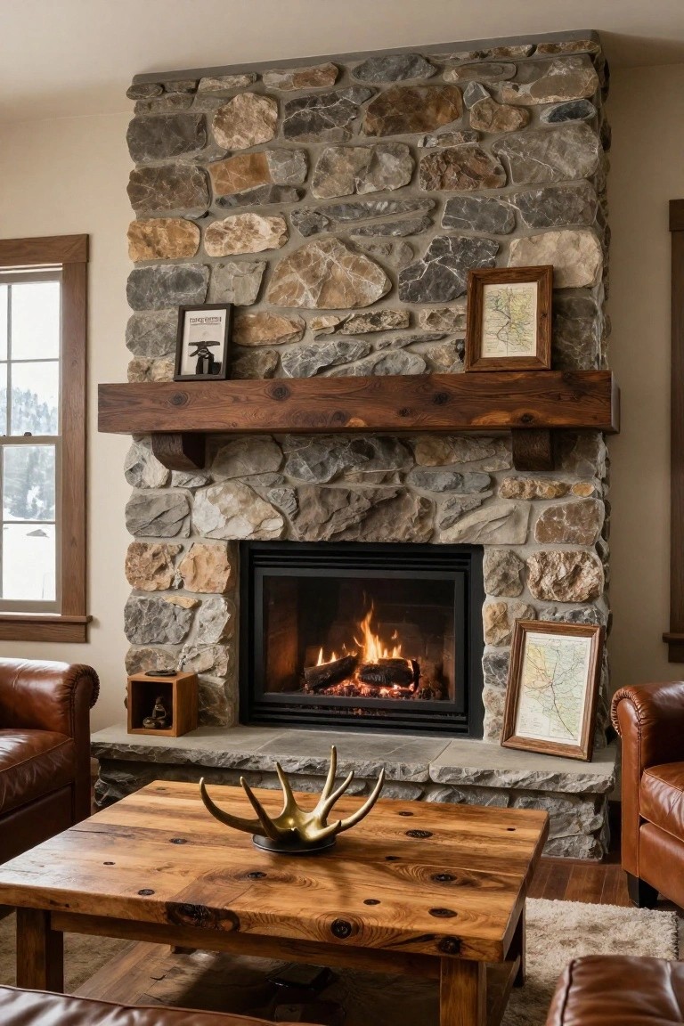 Tall fieldstone fireplace with wooden beam mantel, burning gas logs, flanked by wooden boxes and picture frames, leather armchairs, and wooden coffee table with antler sculpture in a wood-floored living room.