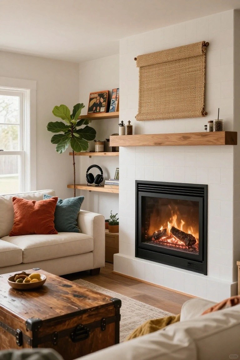 Living room corner featuring a lit gas fireplace with oak wood mantel shelf, white subway tile surround, cream sofa with orange and teal pillows, wooden trunk coffee table holding fruit bowl, fiddle leaf fig plant on shelves, and beige rug.
