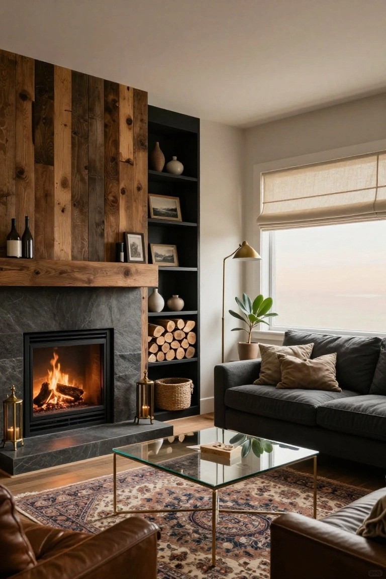 Living room corner with fireplace on black stone hearth framed by vertical wood plank wall and black built-in shelves holding stacked firewood, bottles, vases, and photos, plus gray sofa, leather armchairs, glass coffee table on Persian rug, floor lamp, potted plant, and window with linen shades.