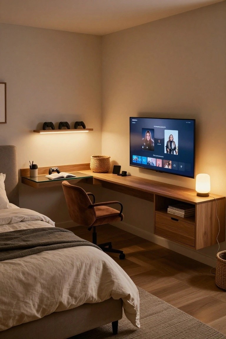 A bedroom corner featuring a floating wooden desk with a gaming controller and book, wall shelves displaying three controllers, a mounted TV showing a streaming interface with female profiles, a bedside lamp, and a bed with gray bedding on a wooden floor.