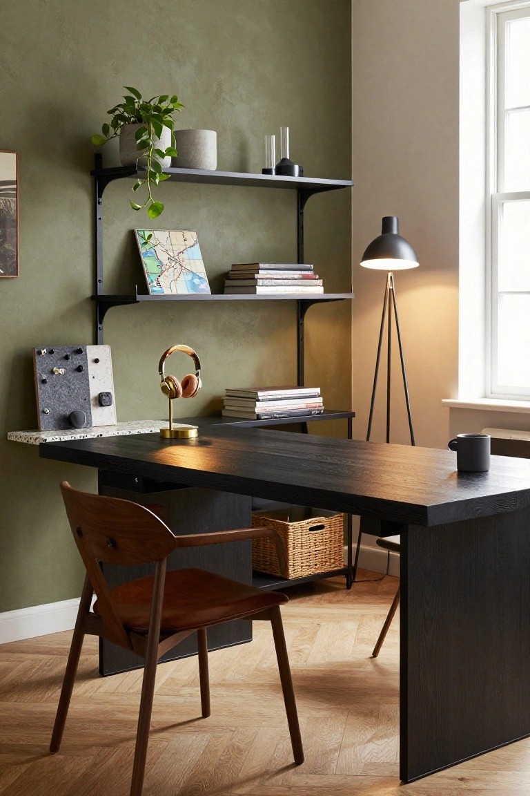 Corner home office featuring a long black wooden desk with a wooden chair, wall-mounted black shelves holding books, a potted plant, and a framed map, gold headphone stand, textured green wall, floor lamp, and window.