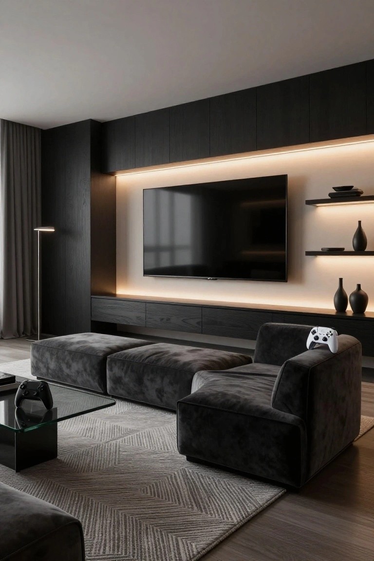 Modern living room interior with tall black wood paneled wall, large wall-mounted TV, LED backlighting, floating shelves holding vases and dishes, black velvet modular sofa and ottomans, glass coffee table with gaming controllers, and wood flooring.