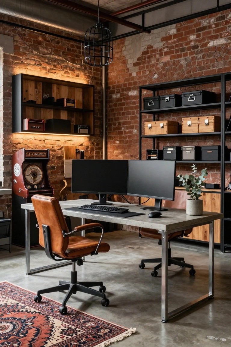 Gaming room interior with exposed brick walls, gray concrete desk supporting dual black monitors and mechanical keyboard, tan leather office chair, black metal shelving with storage boxes, red vintage arcade machine, and potted eucalyptus plant.