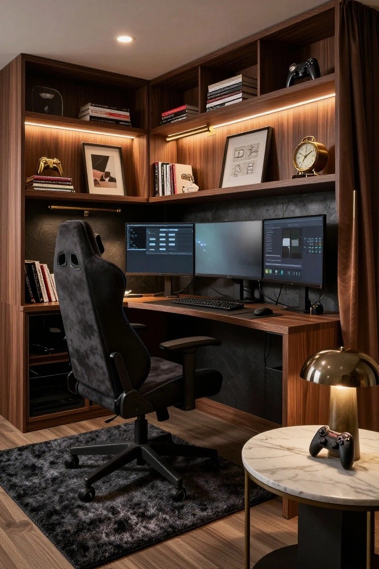 Corner gaming room setup with wooden built-in shelving, triple-monitor desk, black racing chair, books and controllers on shelves, LED lighting, textured black wall, and marble side table.