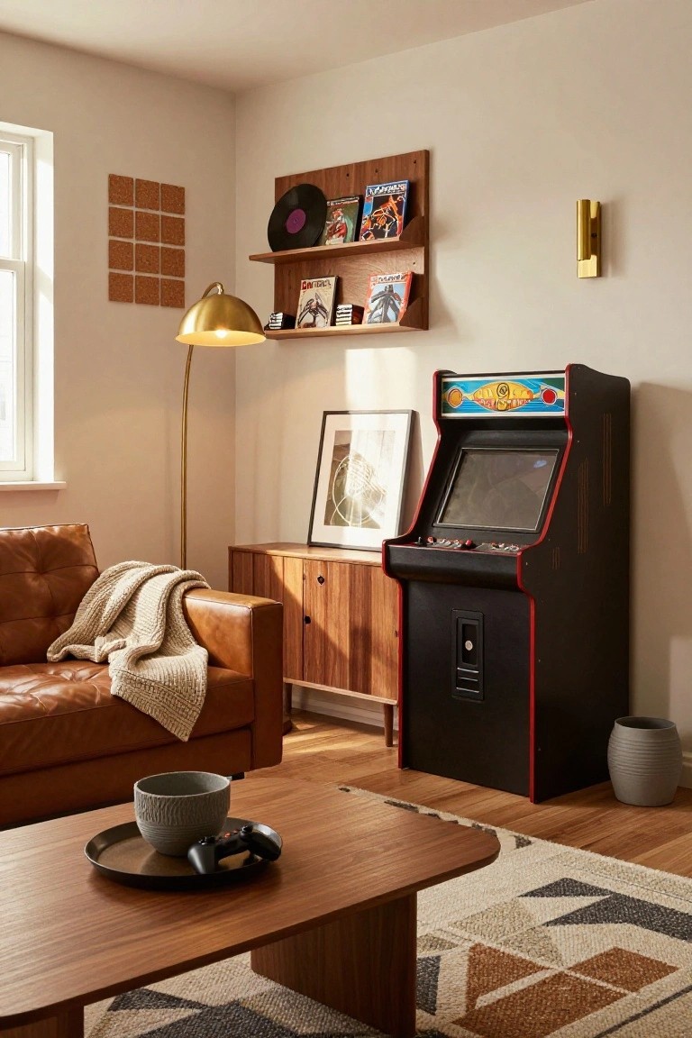 A cozy living room interior with a black upright arcade machine featuring colorful graphics on top, tan leather sofa draped with a cream throw blanket, wooden coffee table holding a game controller and ceramic bowl, wooden credenza and shelves displaying records and magazines, gold arc lamp, and patterned rug on hardwood floor.
