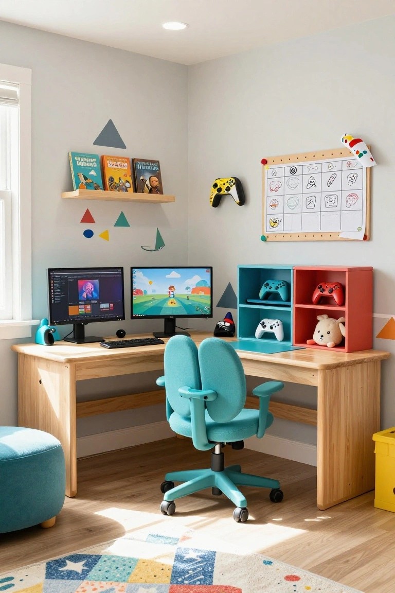 A wooden L-shaped desk with dual monitors displaying games, turquoise ergonomic chair, blue and orange shelving cubes holding game controllers and toys, in a light gray child's room with bookshelves and decorations.