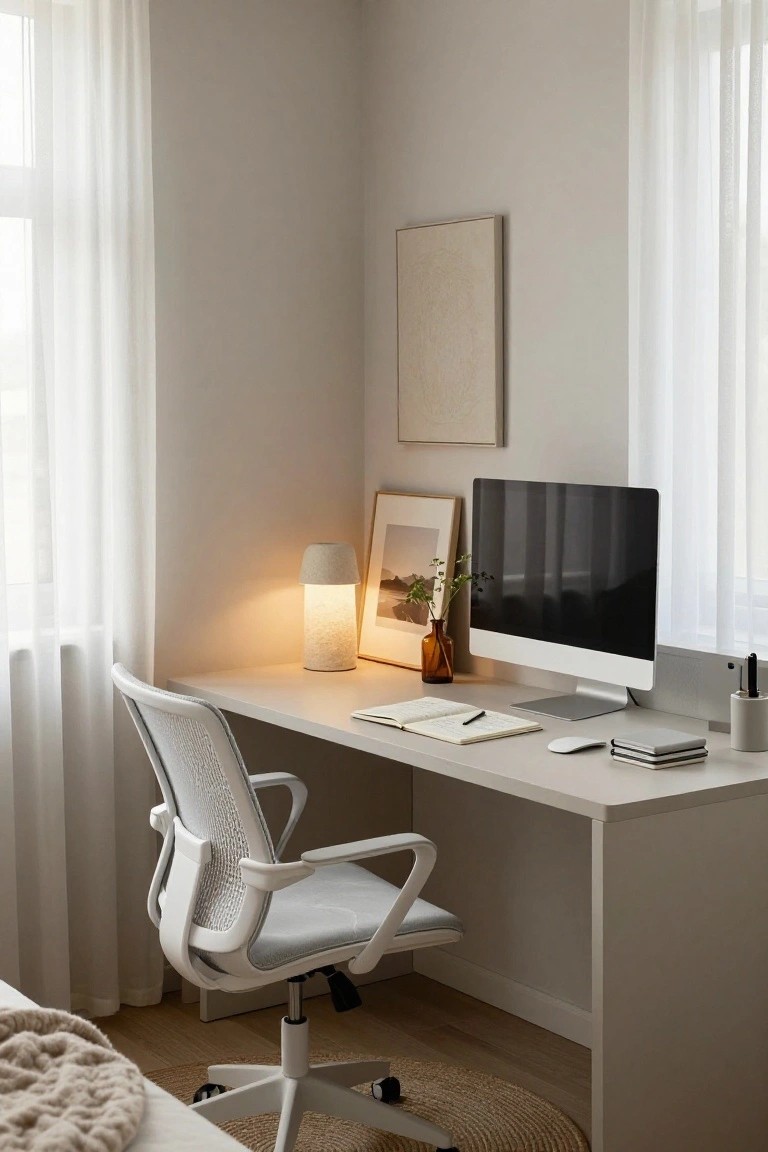 Corner home office with white mesh ergonomic chair at light wood desk holding iMac monitor, lamp, plants, notebooks, and pens, beside two large windows with sheer white curtains in beige-walled room.