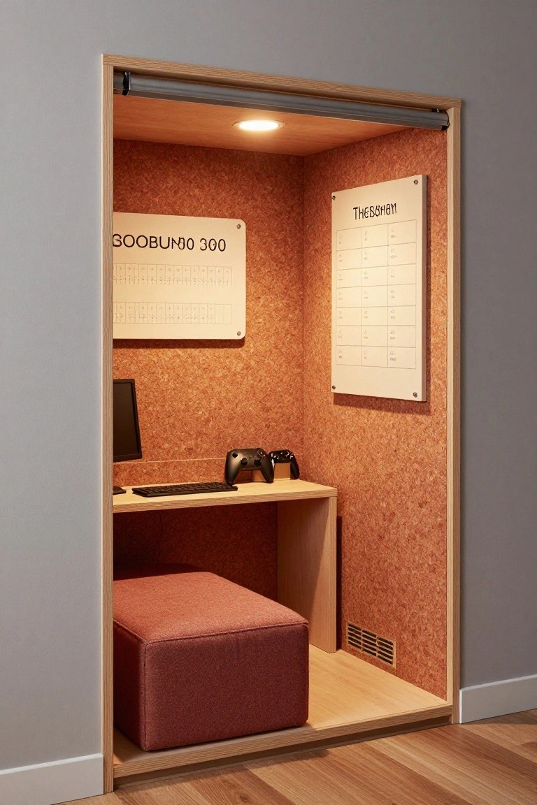 Small enclosed wooden booth with orange cork interior walls, built-in desk holding a black monitor, keyboard, and black game controller, red cushioned stool, white scheduling boards labeled 