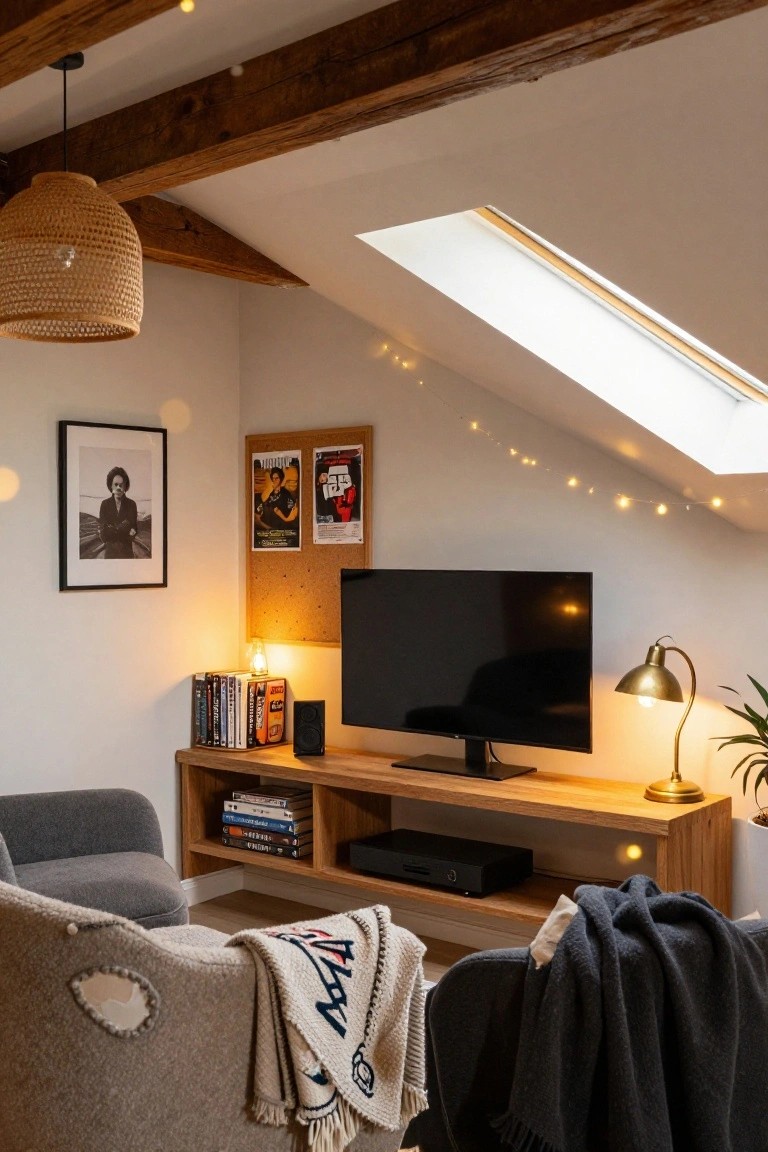 Attic room interior with exposed wooden beams on sloped white ceiling, skylight, woven pendant lamp, string lights, corkboard with posters, black-framed photo, TV on wooden media console with books DVDs speakers soundbar, potted plant, two armchairs with blankets.