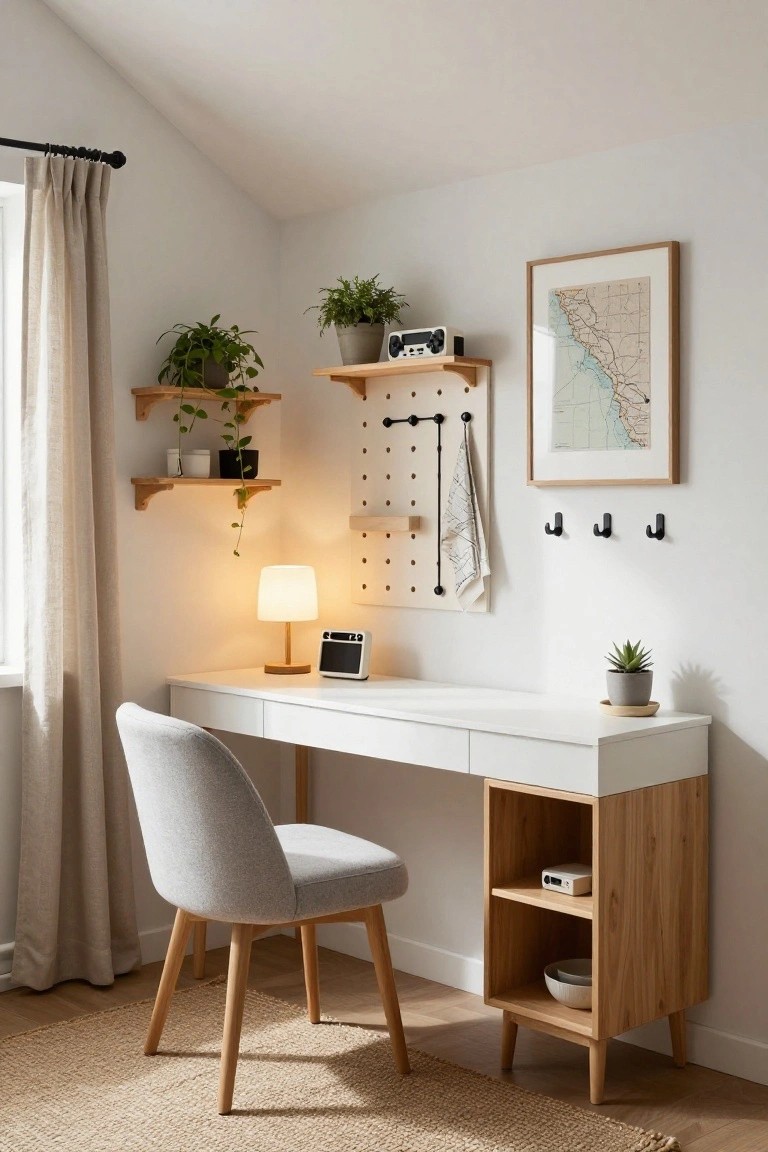Room under sloped white ceiling with beige curtains at window, wooden shelves holding potted plants, pegboard wall with hooks and towel, white desk on oak wood pedestal with open shelves containing bowls and device, gray upholstered chair, desk lamp, and succulent plant.
