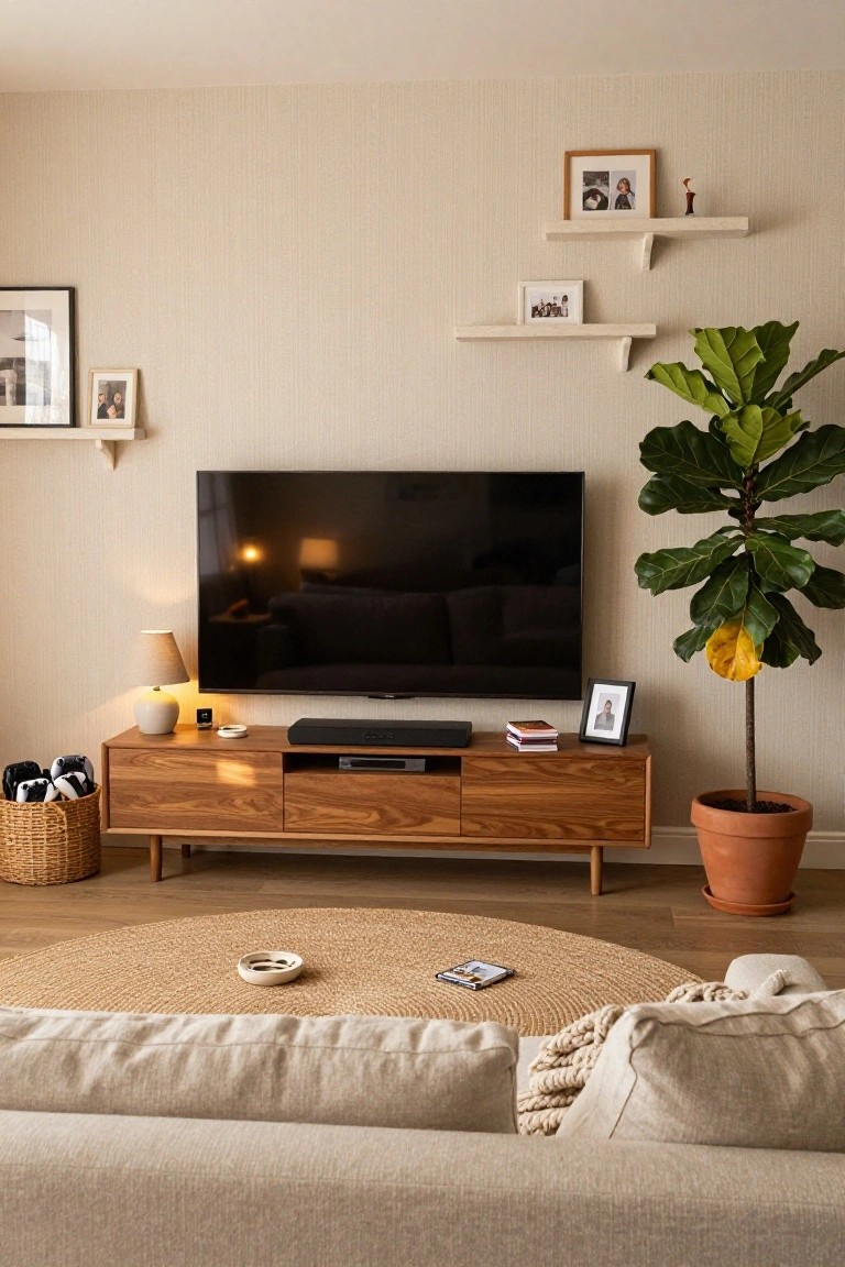 A living room with a wall-mounted TV above a wooden media console holding a soundbar and books, gaming controllers in a wicker basket nearby, floating shelves with framed photos, a large potted fiddle leaf fig plant, a beige sofa, and a round jute rug on wood floors.