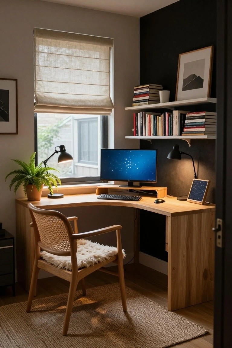 Corner room setup with curved light wood desk holding blue-glowing computer monitor on wooden stand, curved keyboard, mouse, two black desk lamps, fern plant in terracotta pot, bookshelves above, rattan chair with white sheepskin cushion, and wall art.