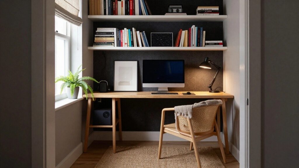 Corner room setup with curved light wood desk holding blue-glowing computer monitor on wooden stand, curved keyboard, mouse, two black desk lamps, fern plant in terracotta pot, bookshelves above, rattan chair with white sheepskin cushion, and wall art.