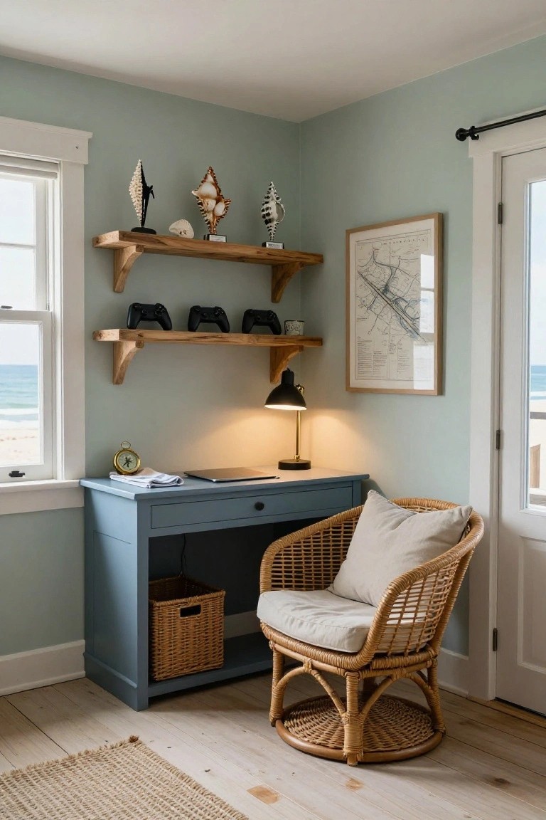 Corner room with pale blue-green walls, wooden floating shelves holding black gaming controllers, seashells, and a skull, navy desk with laptop and clock, rattan chair with white cushion, and window showing beach view.