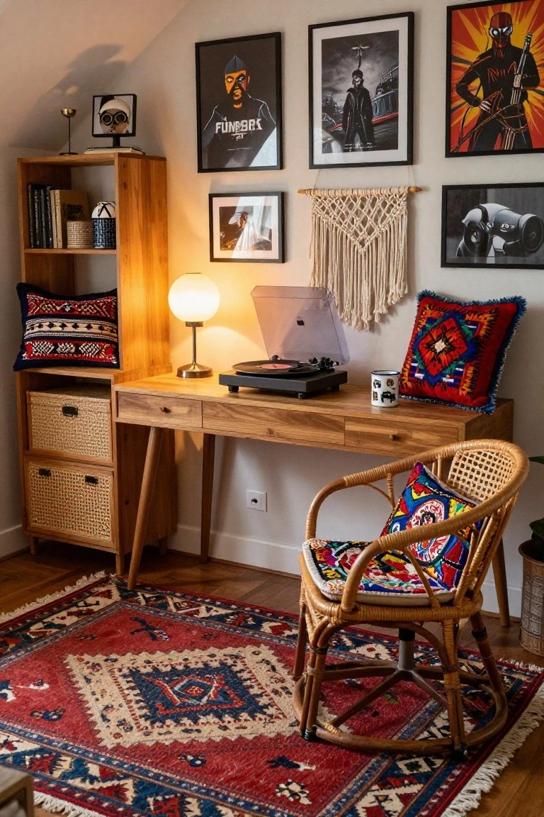 Sloped-ceiling room with wooden desk holding turntable and laptop, bookshelves with books and baskets, walls with music posters and macrame, colorful embroidered pillows, rattan chair, and red patterned rug on wood floor.