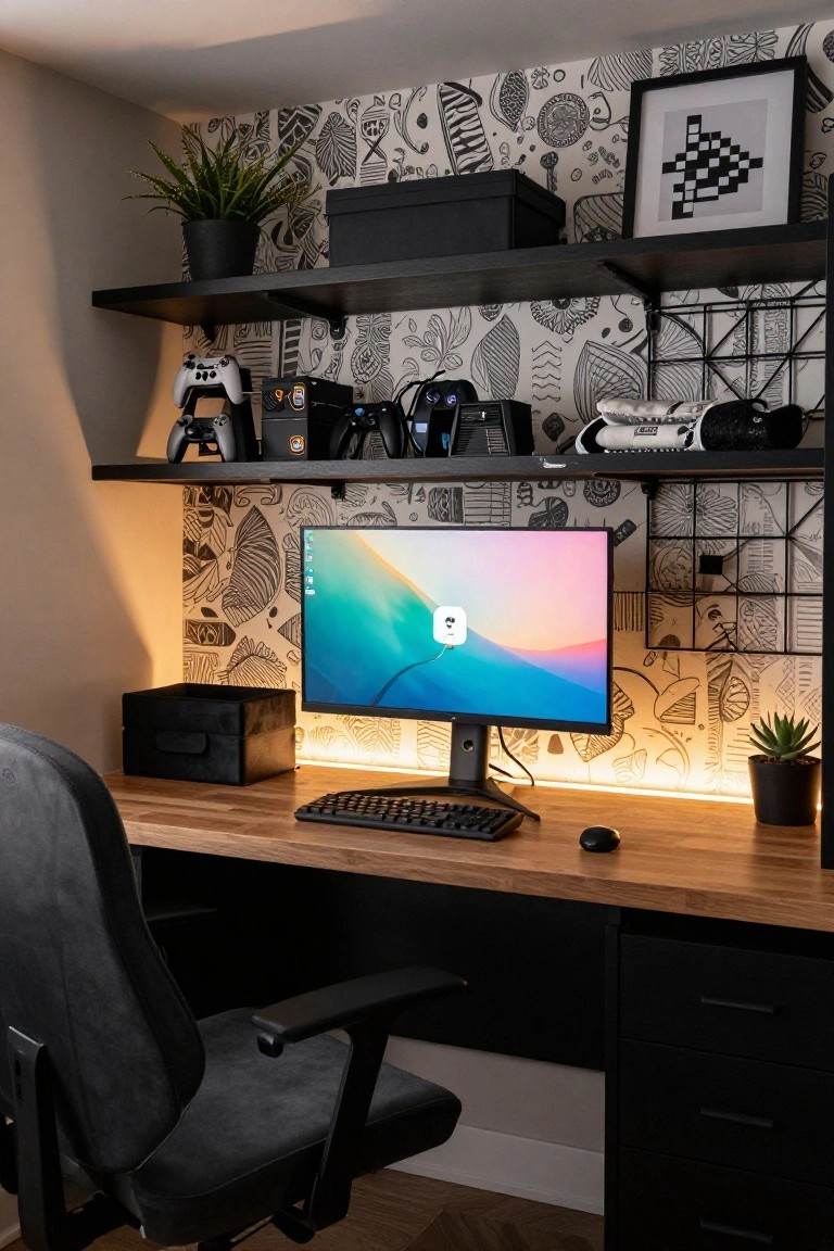 Gaming desk setup in a room with wooden desk, black ergonomic chair, curved monitor on stand, black floating shelves displaying controllers and peripherals, potted plants, against black-and-white organic patterned wallpaper, with warm LED strip lighting along shelves and behind monitor.