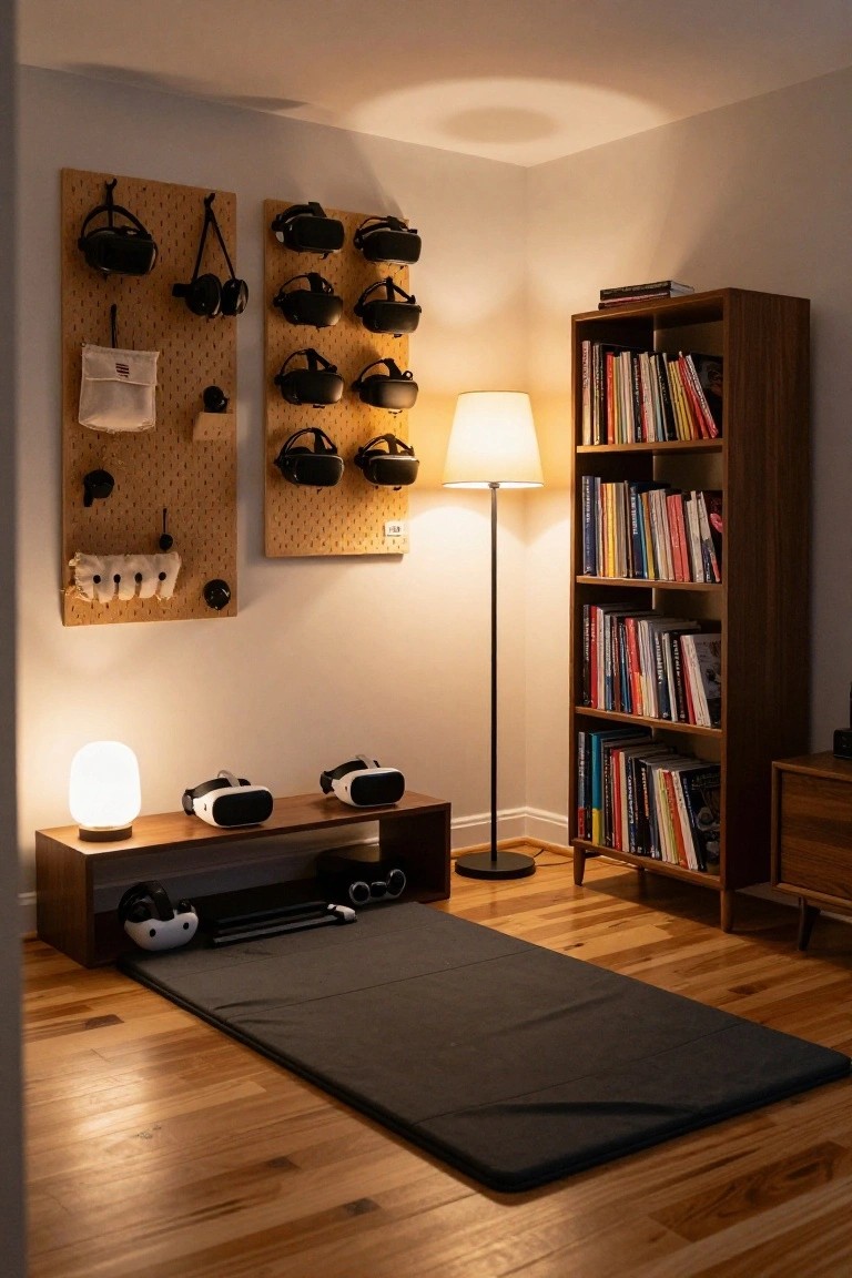 Corner of a room with two wooden pegboards mounted on walls holding multiple black VR headsets, headphones, controllers, and bags, next to wooden bookshelves, a bench with more VR gear, lamps, and a black mat on hardwood floors.