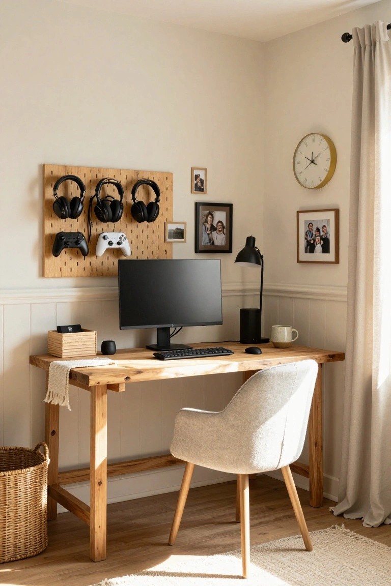 Corner view of a light beige room with wooden desk, black monitor, keyboard, cream upholstered chair, wooden pegboard wall displaying black headphones and white Xbox controllers, desk lamp, clock, and family photos.