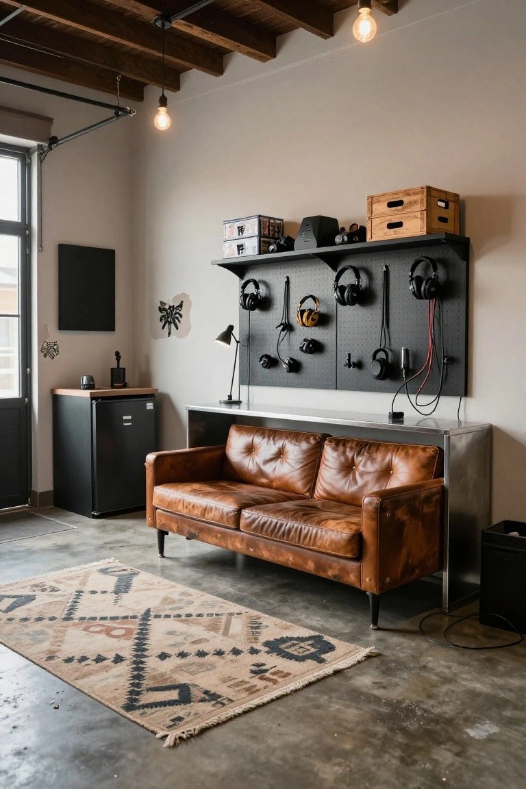 Interior of an industrial-style room with exposed wooden beam ceiling, brown leather sofa on a concrete floor, stainless steel console table and mini fridge, and a large black pegboard wall displaying multiple headphones, cameras, microphones, and accessories.
