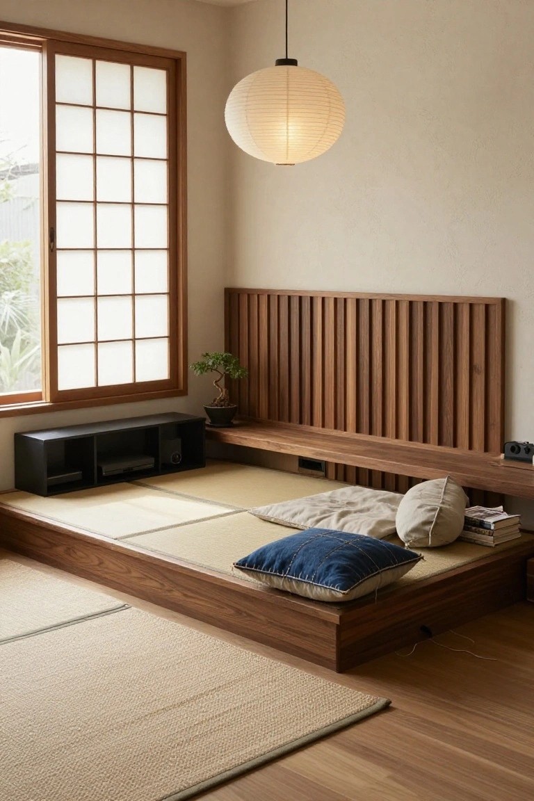 Minimalist indoor room with low wooden platform bed on tatami mat, recessed black media console with electronics underneath, slatted wooden headboard, shoji window, bonsai plant, and hanging paper lantern.