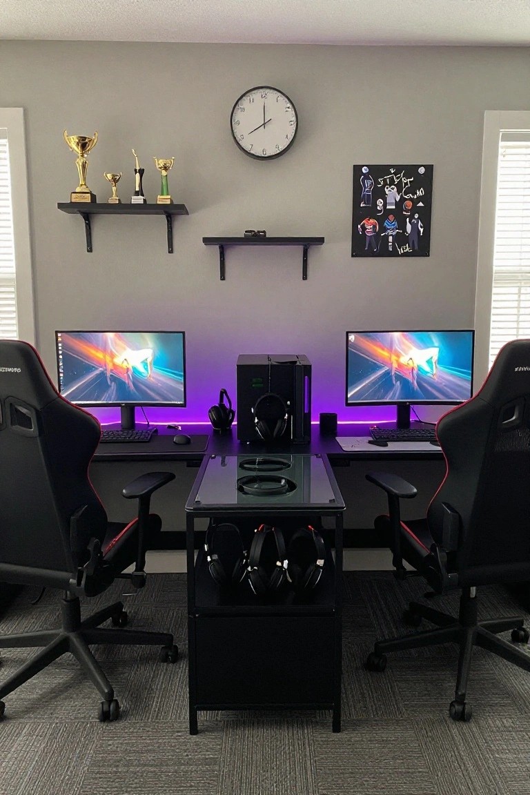 Gaming room with two red-and-black gaming chairs at a shared glass-top black desk, dual curved monitors showing racing games, RGB purple lighting, tower PC, headphones, trophies on wall shelves, and clock on gray walls.