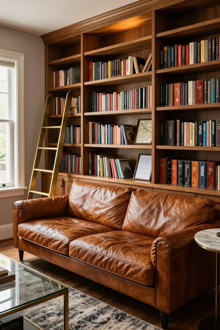Cozy interior room with tall wooden bookshelves lining the walls, gold rolling ladder, tan leather sofa, glass coffee table, marble side table, and window with blinds.