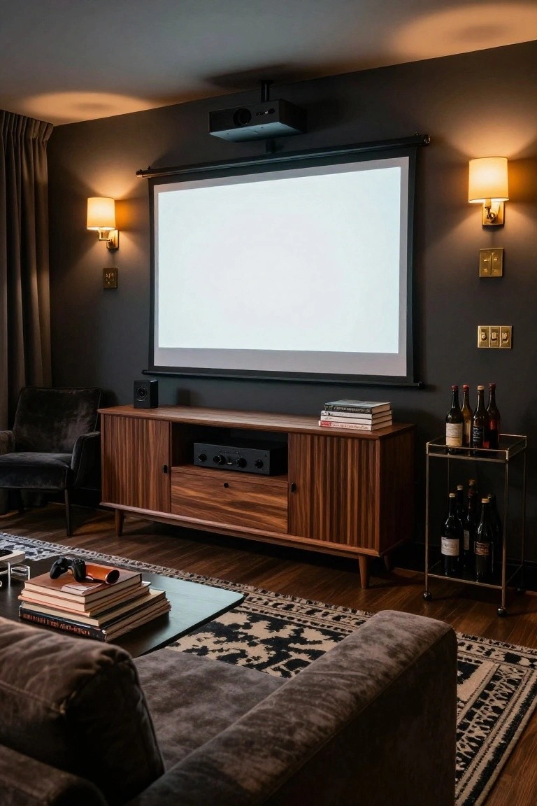 Dark-walled interior room featuring a projector screen, wooden credenza with AV equipment and books, plush gray armchairs, coffee table with gaming controller, and wall sconces.