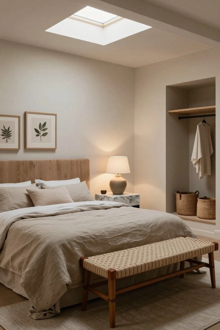 Neutral-toned bedroom featuring a cozy bed, woven bench, and minimalist decor.