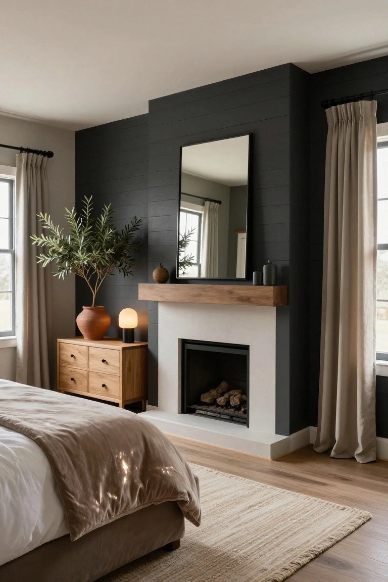 Bedroom with black shiplap accent wall and fireplace on white hearth, wood mantel holding candles and pottery, wooden dresser beside olive tree in terracotta pot, bed with beige linens and throw, beige curtains on two windows, hardwood floor, and seagrass rug.