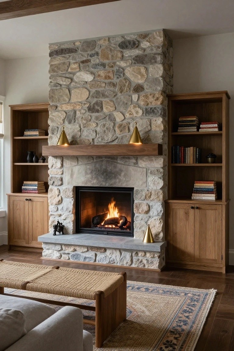 A living room with a tall stone fireplace flanked by wooden built-in bookshelves on both sides, gold cone sconces on the mantel, a small statue, woven bench, patterned rug, and gray sofa on wood floors.