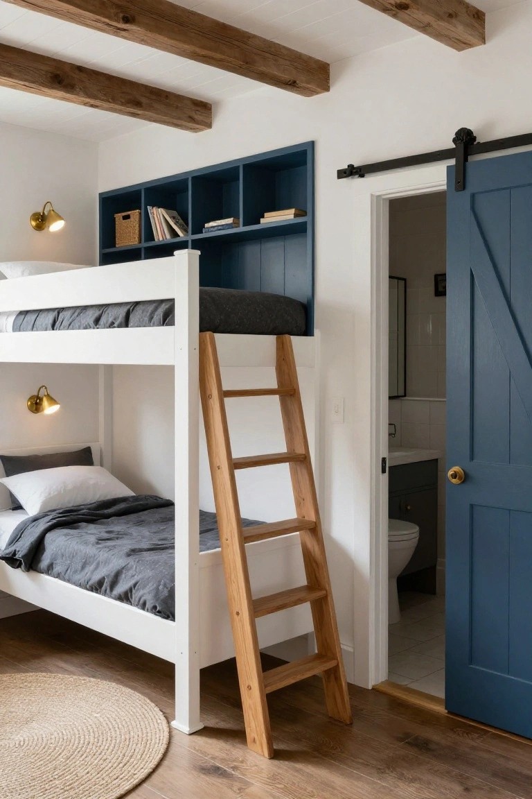 White bunk bed with attached oak ladder in a bedroom with navy built-in cubby shelves, brass wall sconces, exposed wood beam ceiling, seagrass rug on hardwood floors, and navy sliding barn door open to a bathroom.