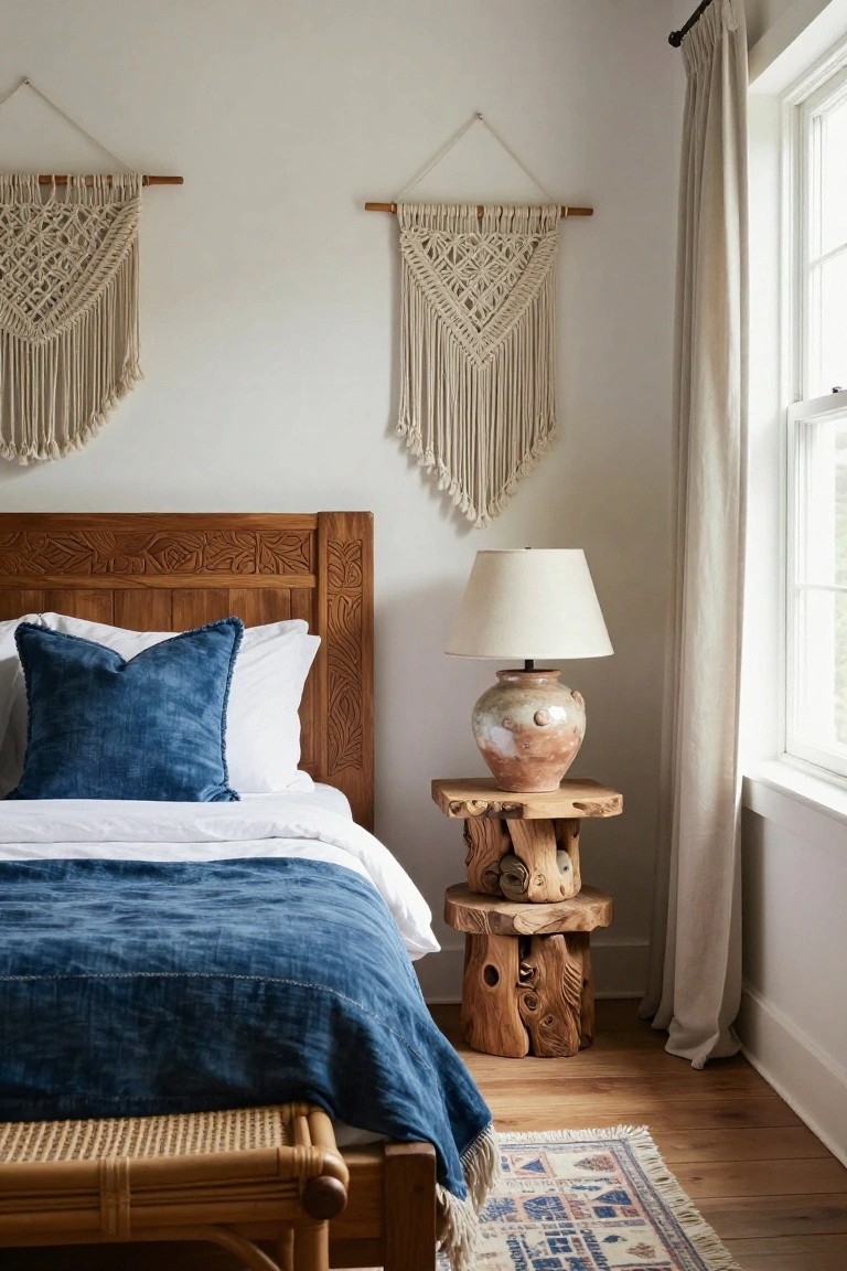 Bedroom corner featuring a tall carved wooden headboard with floral details, navy blue textured bedding and pillows, two beige macrame wall hangings above, rattan bench at bed foot, wood stump side table with ceramic lamp, beige curtains on window, and patterned area rug on wood floor.