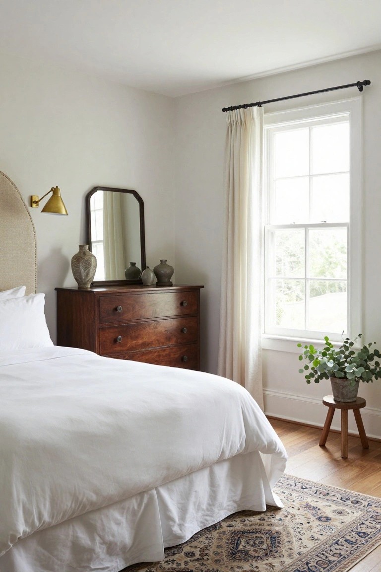 Cozy bedroom featuring a white bed, wooden dresser, mirror, and potted plant.
