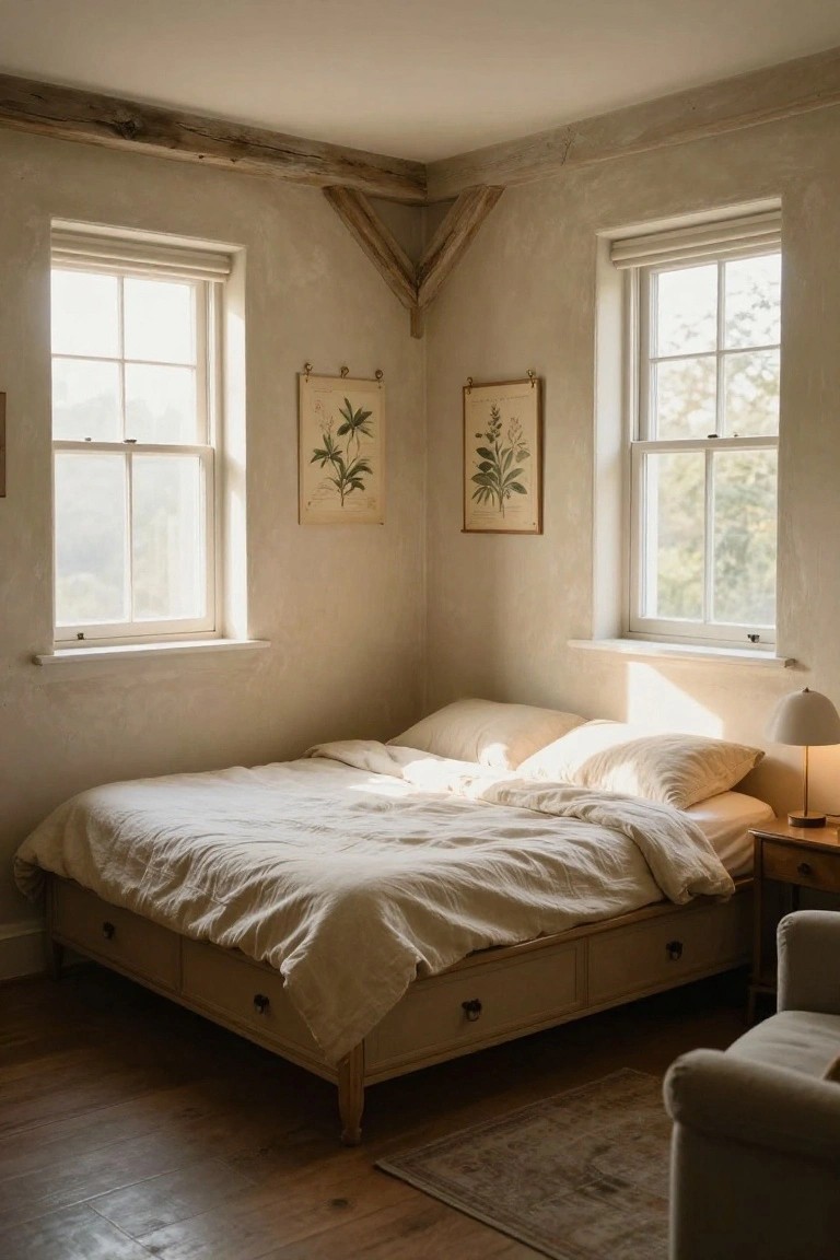 Corner bedroom with low wooden bed frame and white linen bedding, exposed timber beams on ceiling, plaster walls, two sash windows with roller blinds, botanical prints on walls, bedside lamp and table, and beige armchair on wooden floor.
