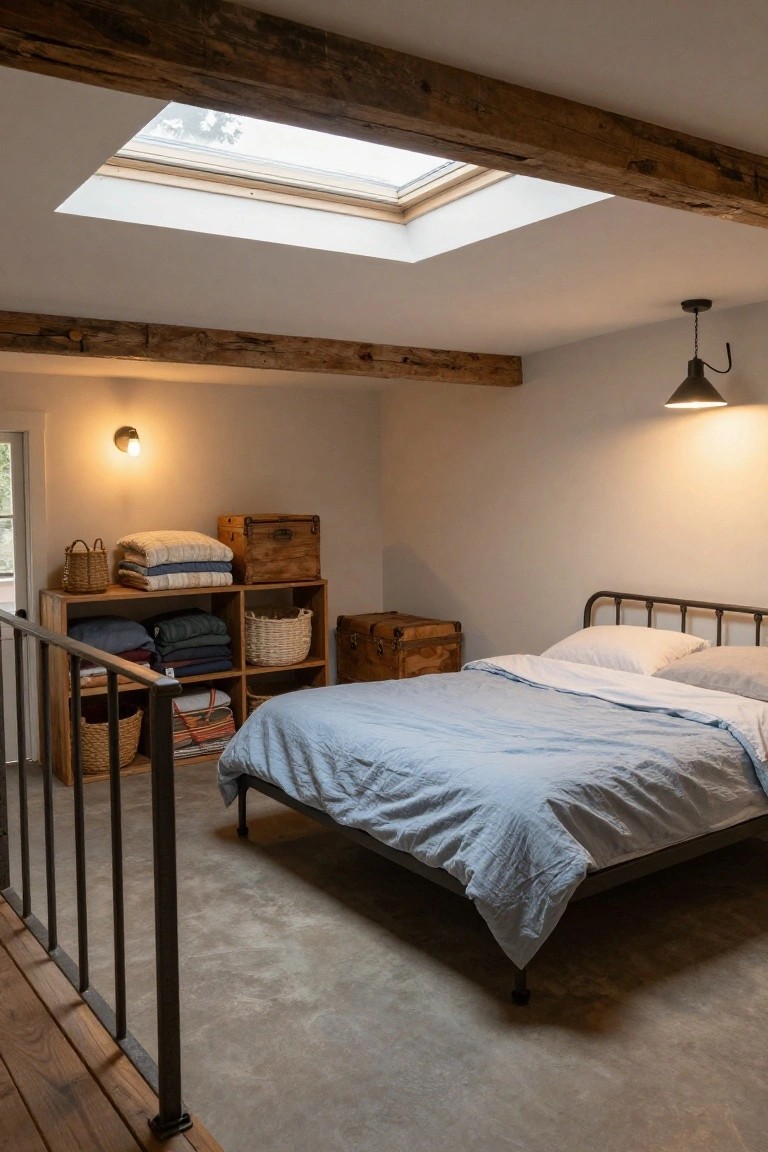 Bedroom interior with dark exposed wooden beams on the ceiling, a square skylight, white walls, black metal bed frame with light blue linen bedding and white pillows, wooden shelving with folded blankets and woven baskets, and metal railing along one edge over carpeted floor.