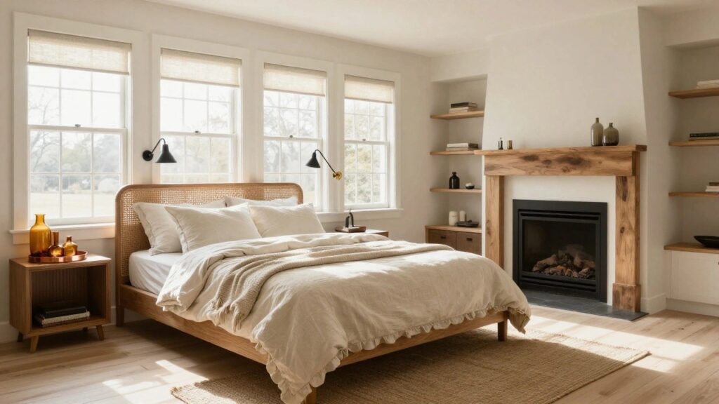 Bedroom with corner wood fireplace flanked by built-in oak shelves, rattan headboard bed with white linens, large windows with linen shades, and beige seagrass rug on light wood floors.