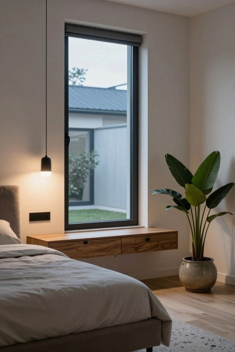 A modern bedroom with a bed, wooden drawer, indoor plant, and large window.