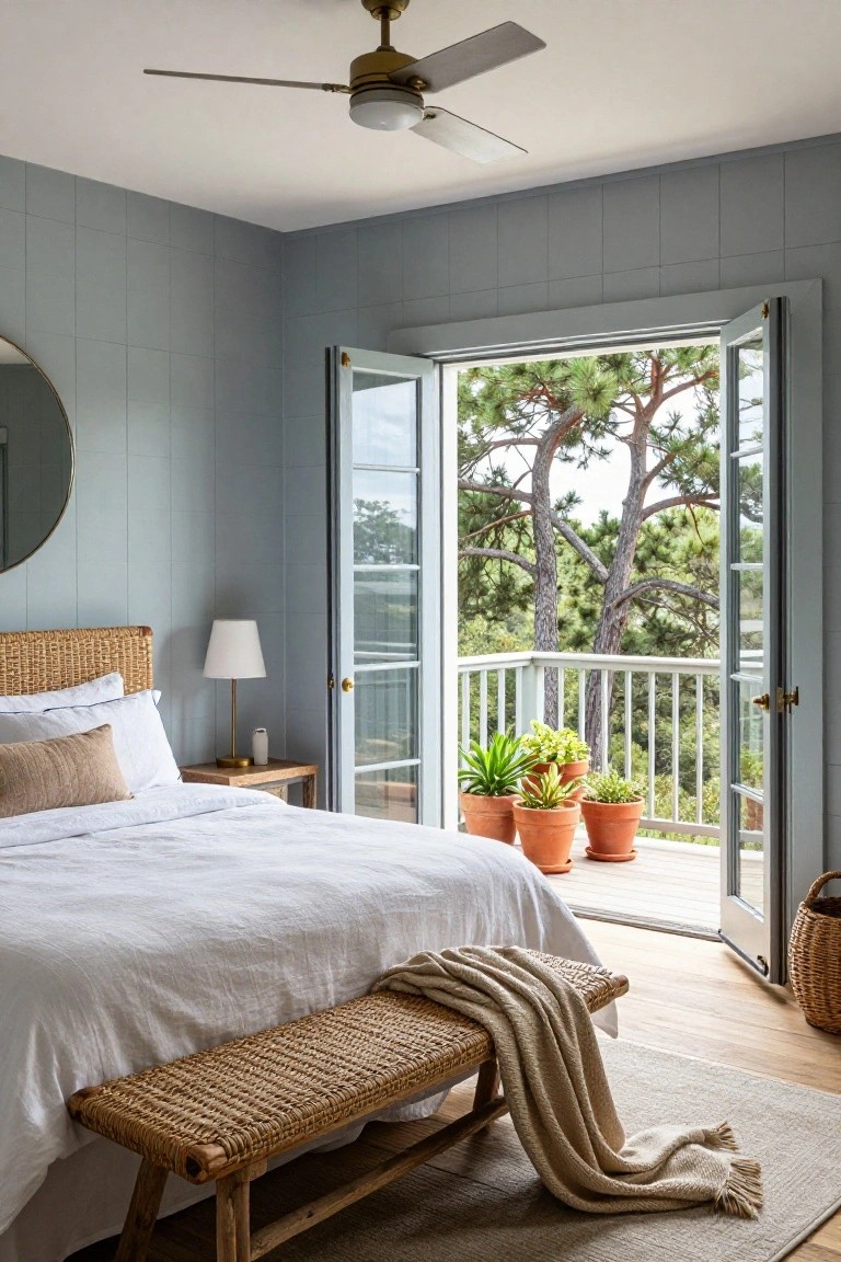 Bedroom interior with light blue-gray vertical paneled walls, rattan headboard and foot bench on a white bed with beige pillows, round mirror, table lamp, open French doors to balcony with potted plants and pine trees outside.