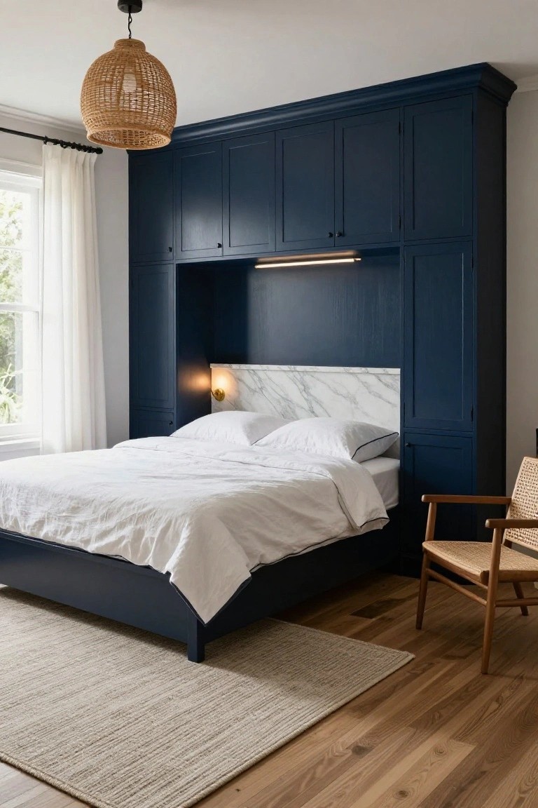 Bedroom with floor-to-ceiling navy blue cabinets flanking a white-sheeted bed against a marble headboard panel with wall light, rattan pendant overhead, rattan chair, beige rug, and hardwood floors.