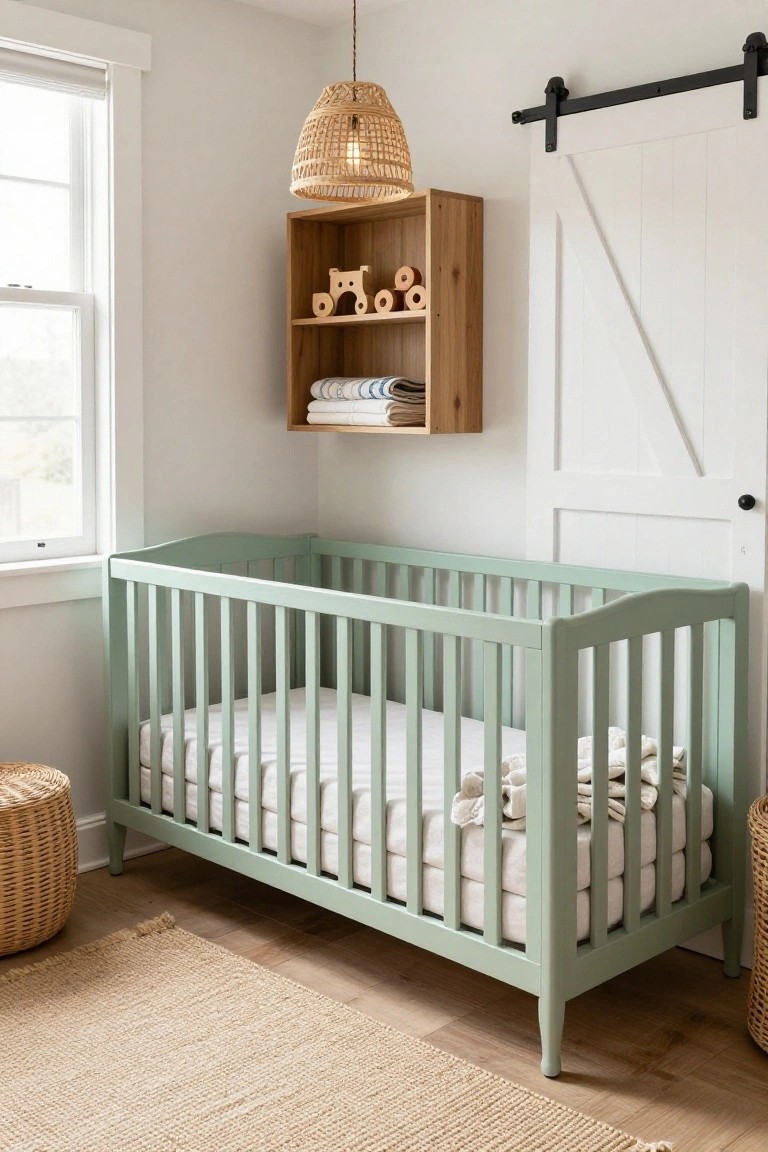 A mint green wooden convertible crib in a light gray nursery with oak open shelves on the wall holding wooden toys and folded blankets, rattan poufs on the floor, woven pendant light overhead, white sliding barn door, and beige jute rug on hardwood floors.