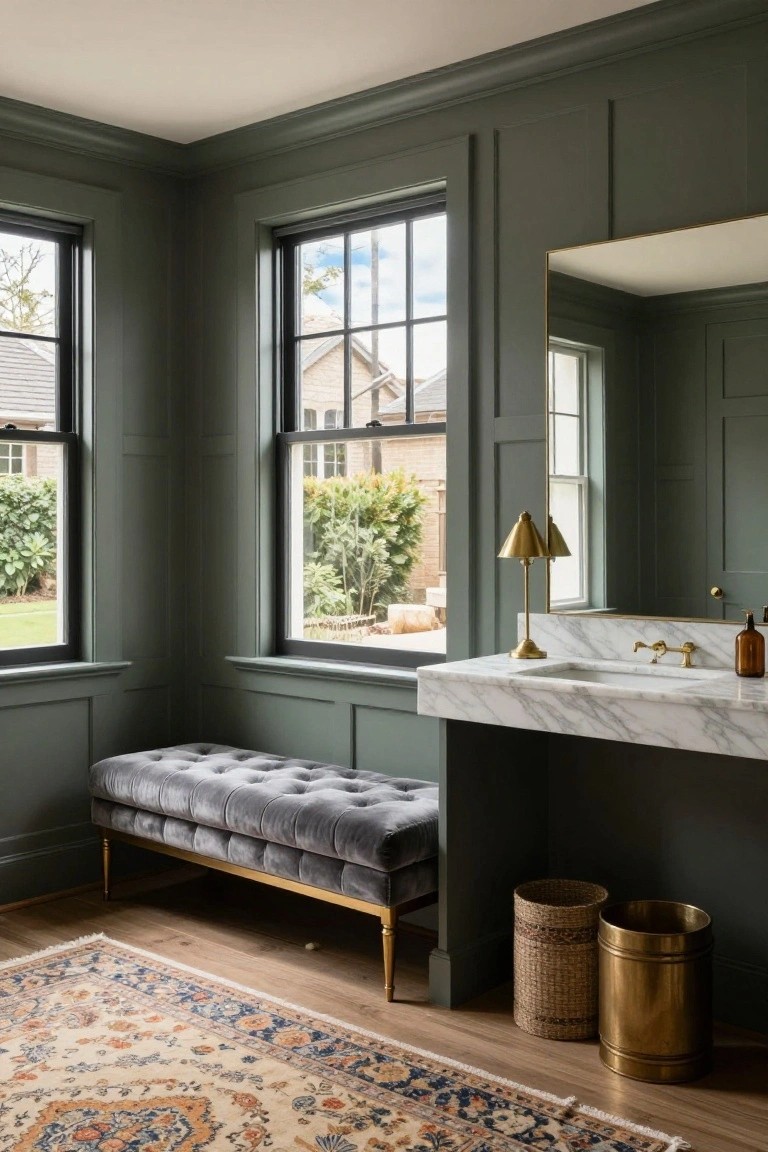 Powder room with sage green paneled walls, black-framed windows showing garden view, floating white marble vanity with brass faucet and lamp, gray velvet tufted bench, brass trash can, woven basket, and orange-patterned rug on wood floor.