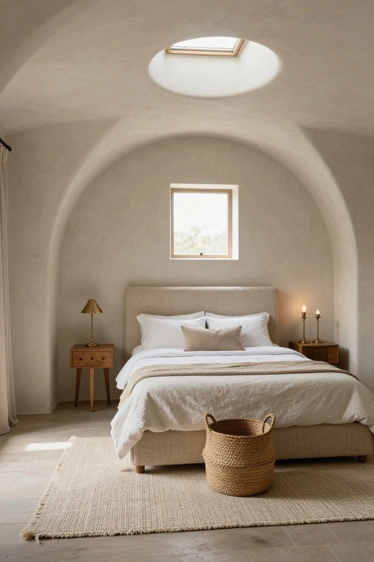 Bright, minimalist bedroom with a round ceiling, beige tones, and natural textures.
