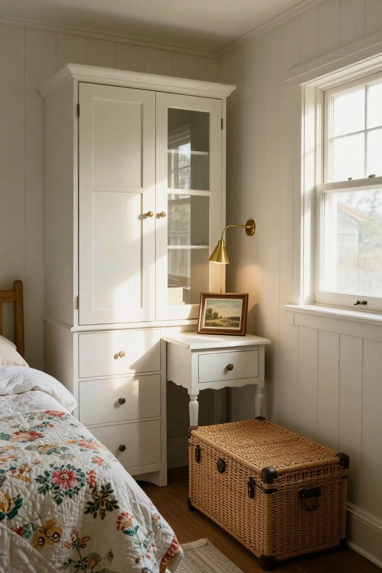 Corner of a light-filled bedroom with tall white armoire featuring glass doors and brass knobs, small white nightstand holding a framed landscape painting, bed draped in floral quilt, wicker trunk on hardwood floor, brass wall lamp, and window beside white paneled walls.